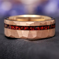 Red Opal Inlay Ring | Hammered Rose Gold Tungsten Mens Band 8mm