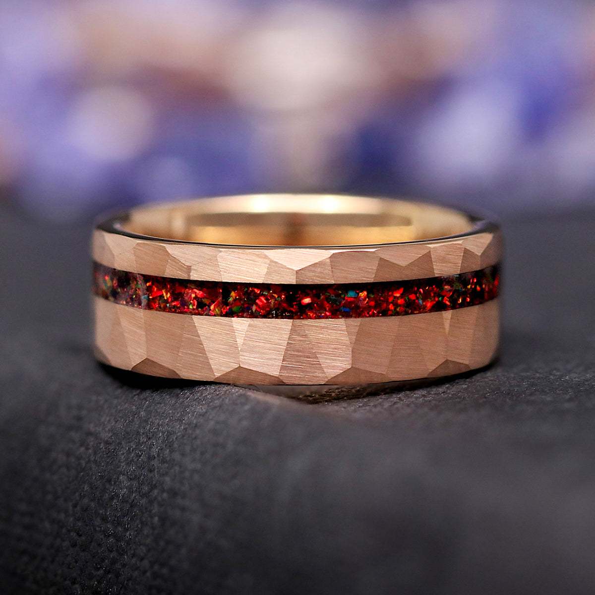 Veloura Black Opal Couples Ring in Rose Gold, His and Hers Wedding Ring Set, Black Fire Opal, Matching Bands, Nontraditional Engagement Ring Set