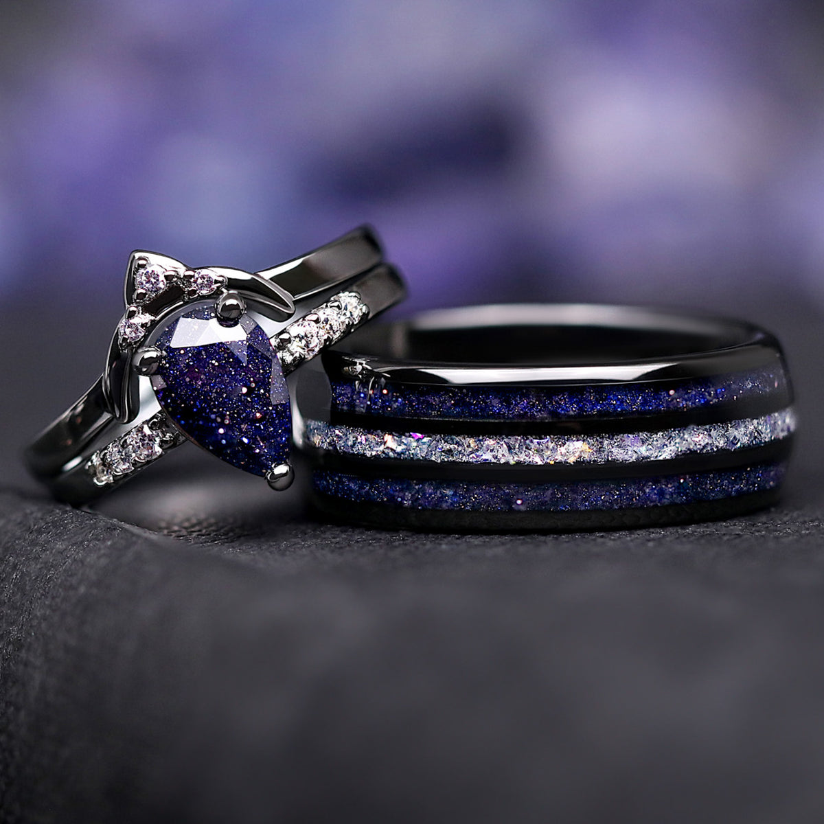 Night Court Ring Set, His and Her Wedding Ring, Black Starry Night Ring, Space Couples Ring, Black Tungsten and 925 Silver, Sandstone, ACOTAR Jewelry
