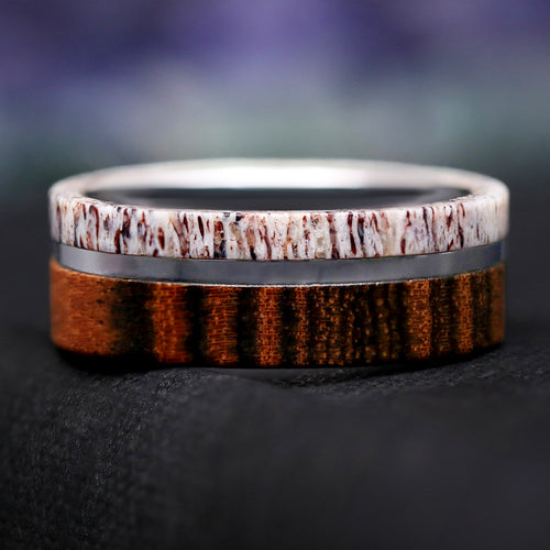 Men’s wood and antler wedding band silver tungsten ring
