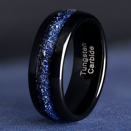 Blue nebula tungsten wedding band for men