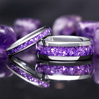 Amethyst Ring Set, Purple His and Hers Tungsten Wedding Bands, 8mm & 4mm Matching Couples Rings, Unique Purple Promise Wedding Ring Set