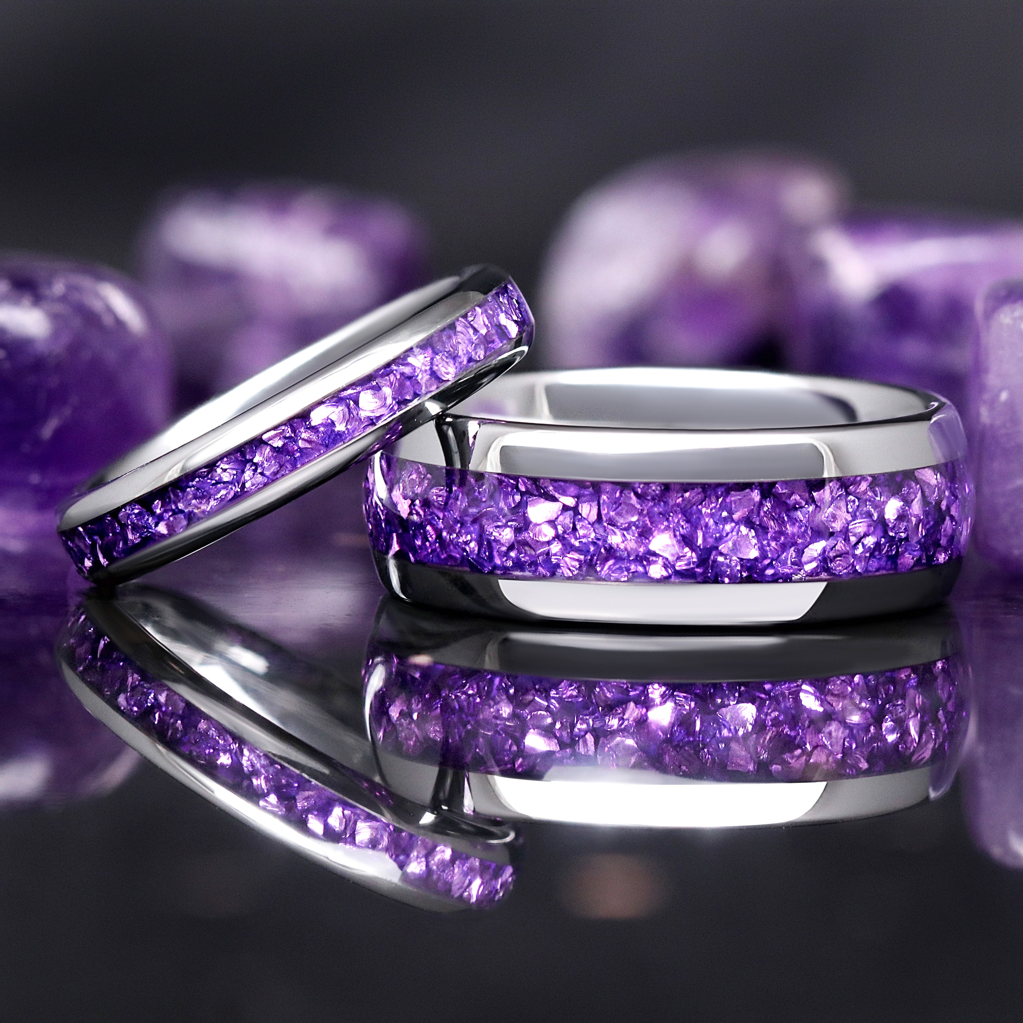 Amethyst Ring Set, Purple His and Hers Tungsten Wedding Bands, 8mm & 4mm Matching Couples Rings, Unique Purple Promise Wedding Ring Set
