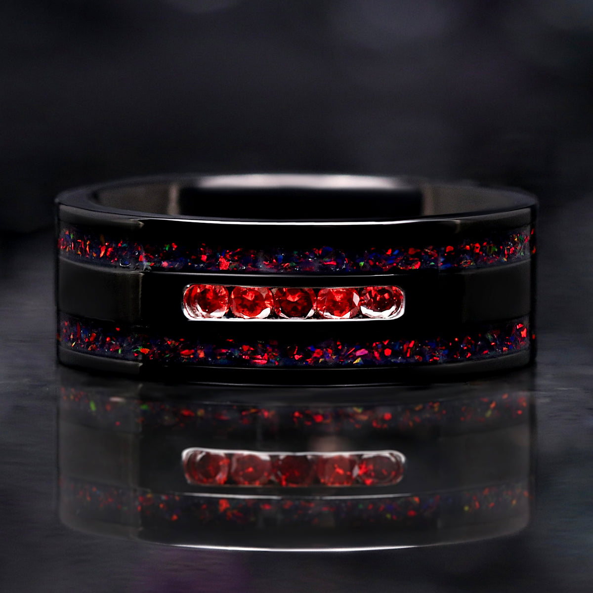Men’s garnet and black fire opal wedding band