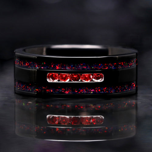 Men’s garnet and black fire opal wedding band