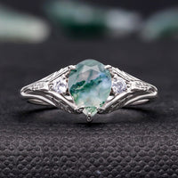 Faeleaf Pear Cut Moss Agate Wedding Ring Set | His & Hers Couples Bands