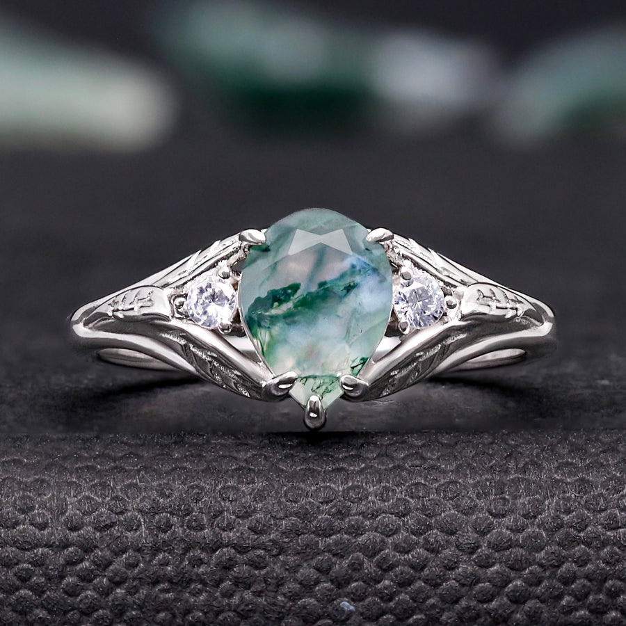 Faeleaf Pear Cut Moss Agate Promise Ring | Womens Nature Engagement Ring