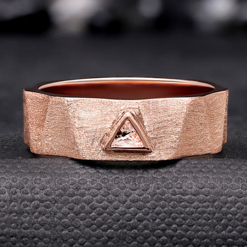 Men's 7mm rose gold sterling silver ring with a triangle-cut Herkimer diamond on a faceted matte band