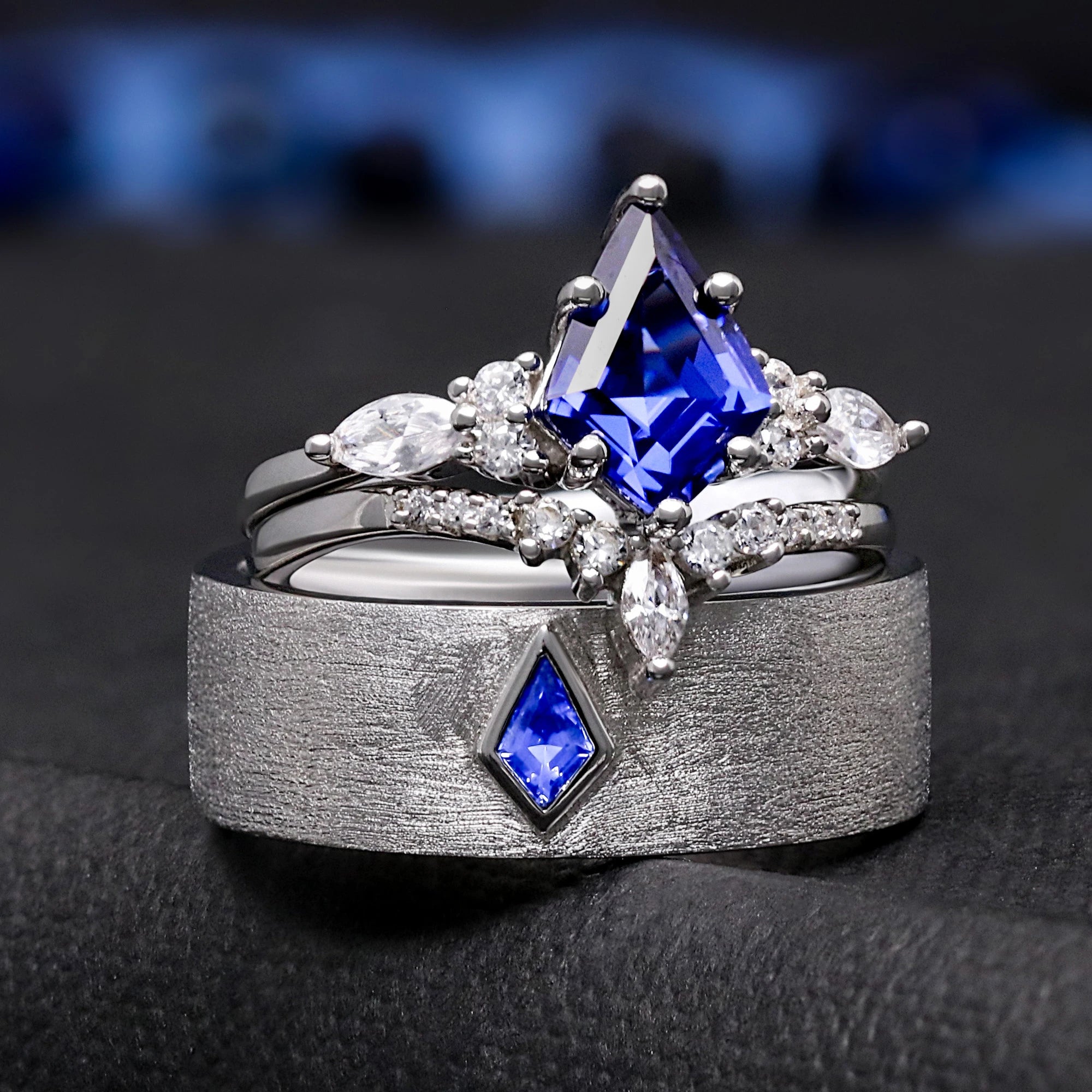 Men's Blue Sapphire Wedding Band – Kite Cut Sterling Silver Ring