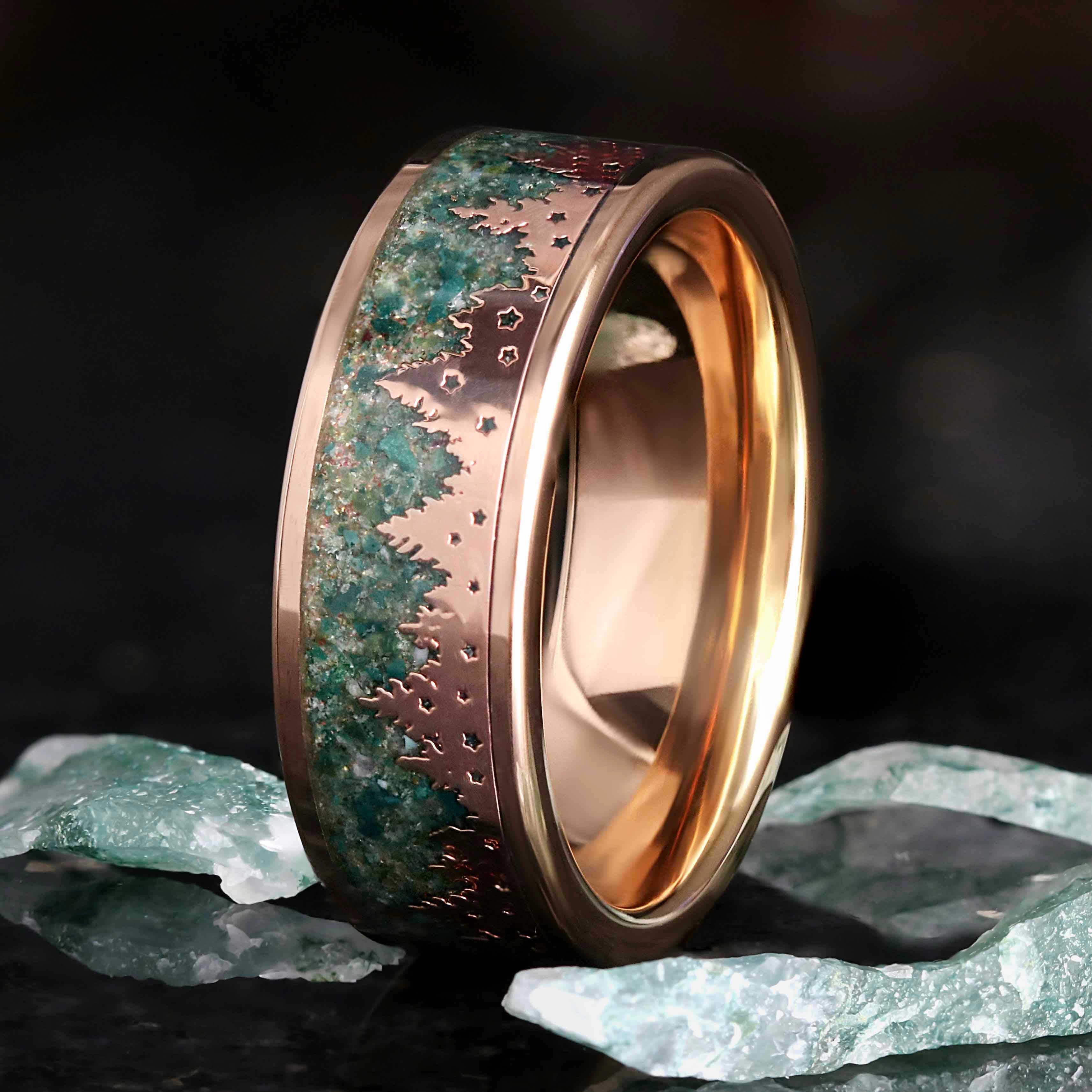 Vella Moss Agate Couples Ring Set - Rose Gold His & Hers Landscape Bands