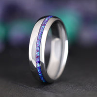 Borealis Opal Wedding Band Set, His and Hers Fire Opal Ring Set, Silver Tungsten Ring, Crushed Opal, 6mm & 4mm Matching Promise Ring, Offset