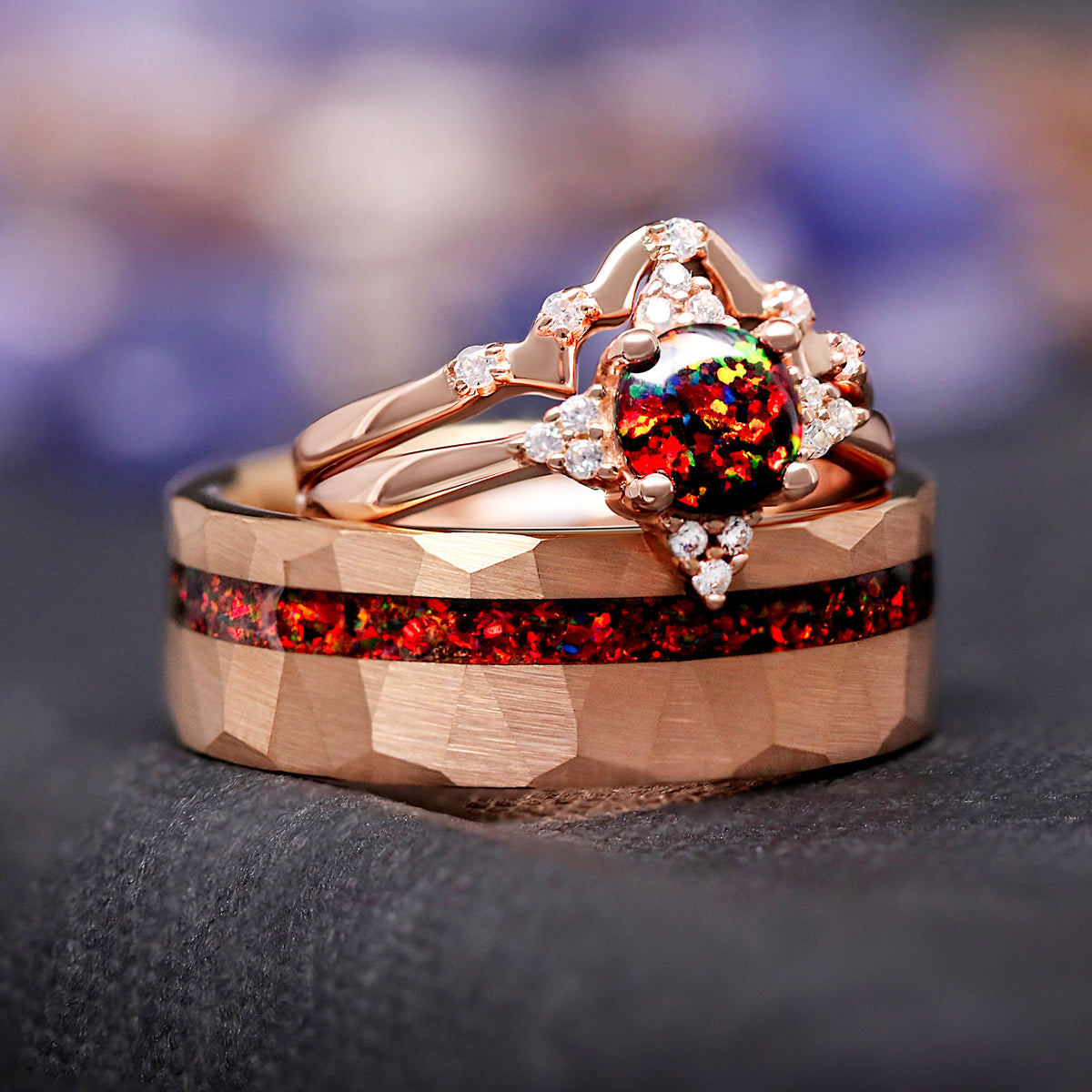 Veloura Black Opal Couples Ring in Rose Gold, His and Hers Wedding Ring Set, Black Fire Opal, Matching Bands, Nontraditional Engagement Ring Set