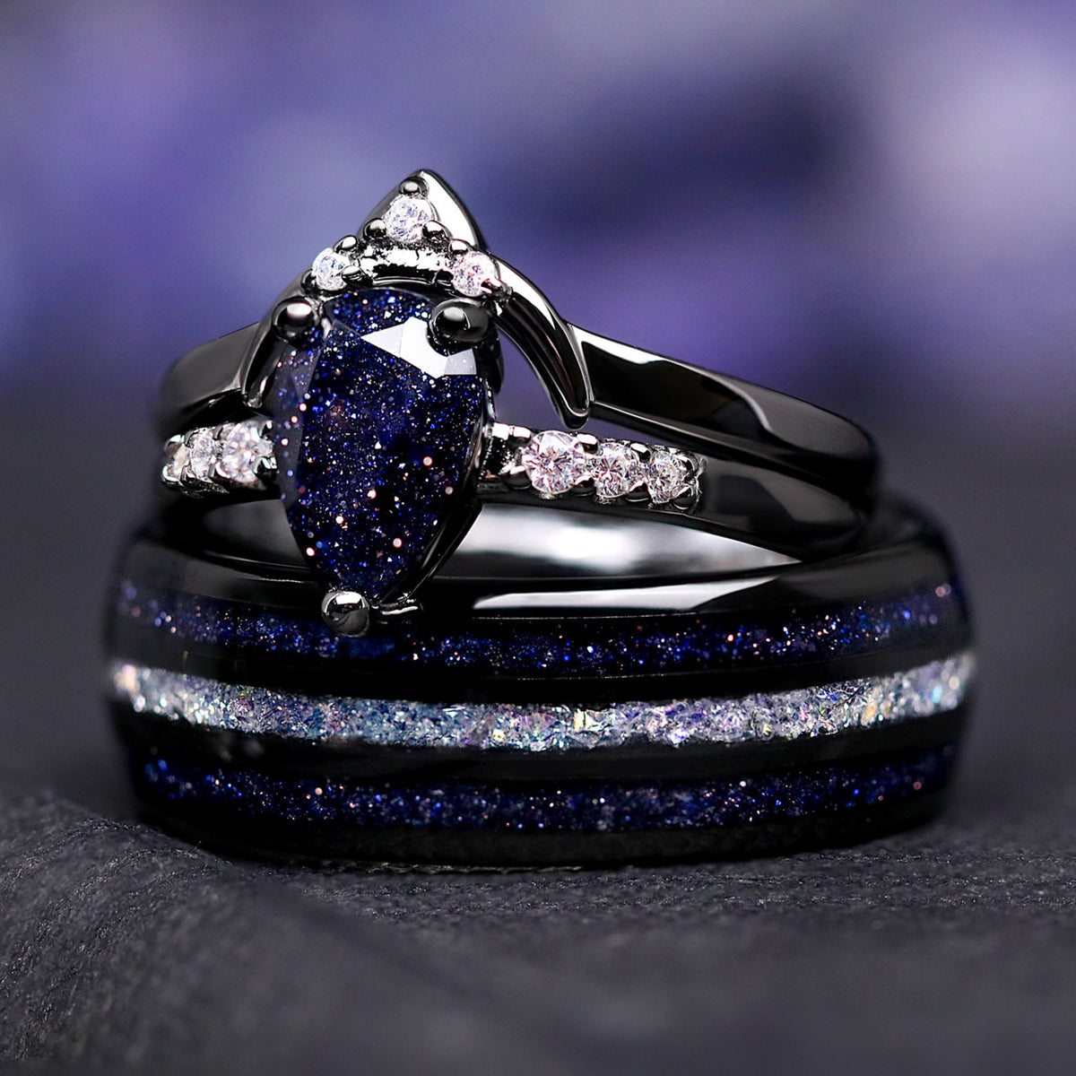 Night Court Ring Set, His and Her Wedding Ring, Black Starry Night Ring, Space Couples Ring, Black Tungsten and 925 Silver, Sandstone, ACOTAR Jewelry