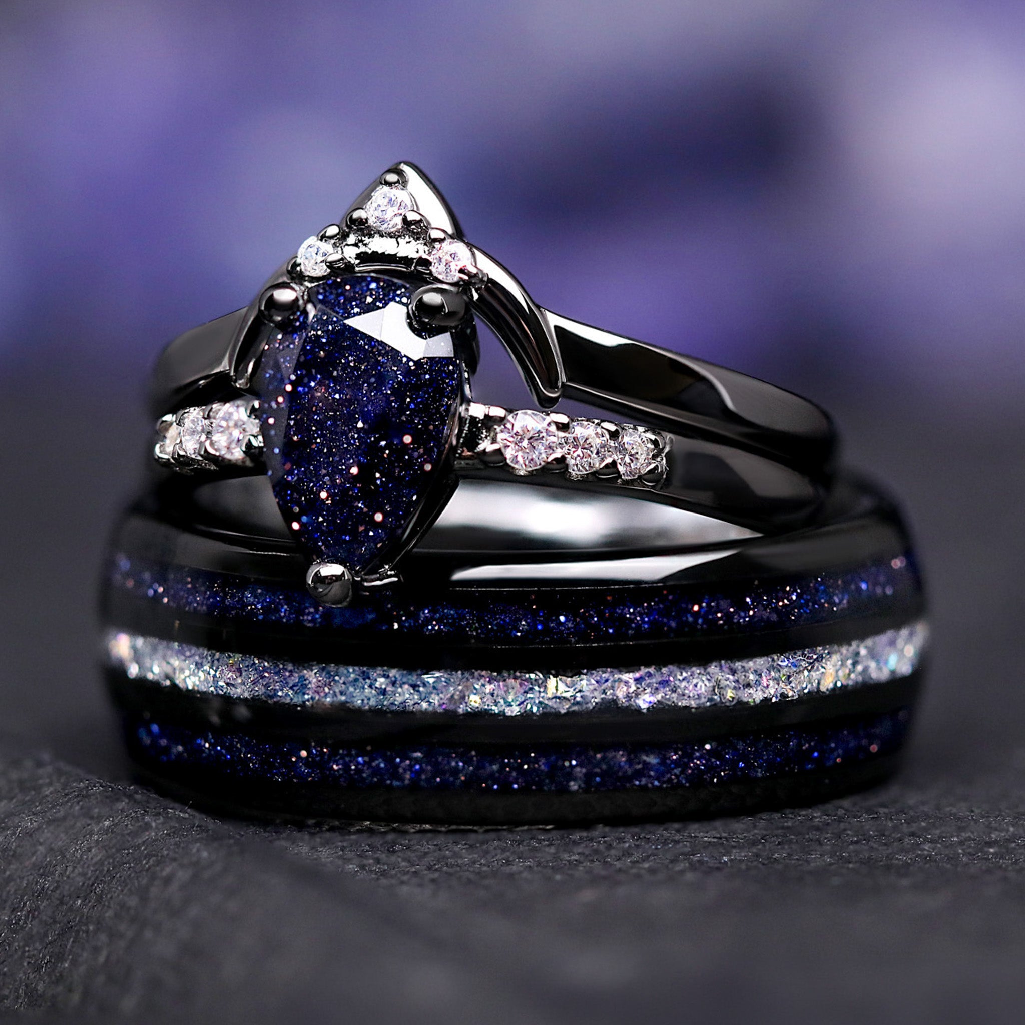 Night Court Ring Set, His and Her Wedding Ring, Black Starry Night Ring, Space Couples Ring, Black Tungsten and 925 Silver, Sandstone, ACOTAR Jewelry