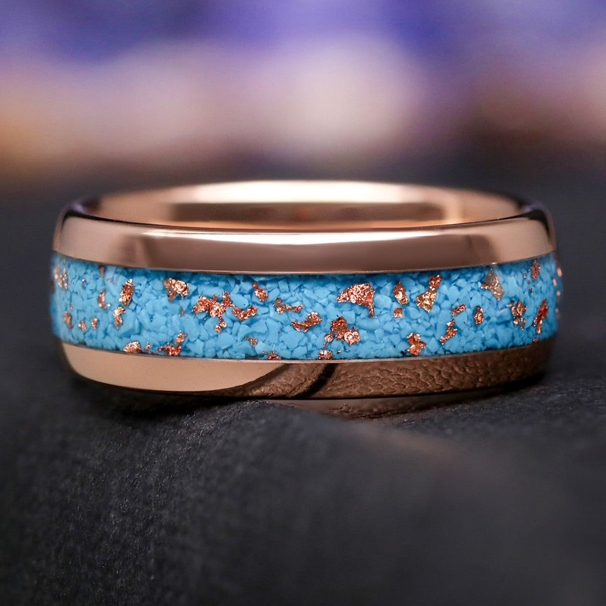 Western men’s rose gold wedding band turquoise and foil tungsten ring 8mm