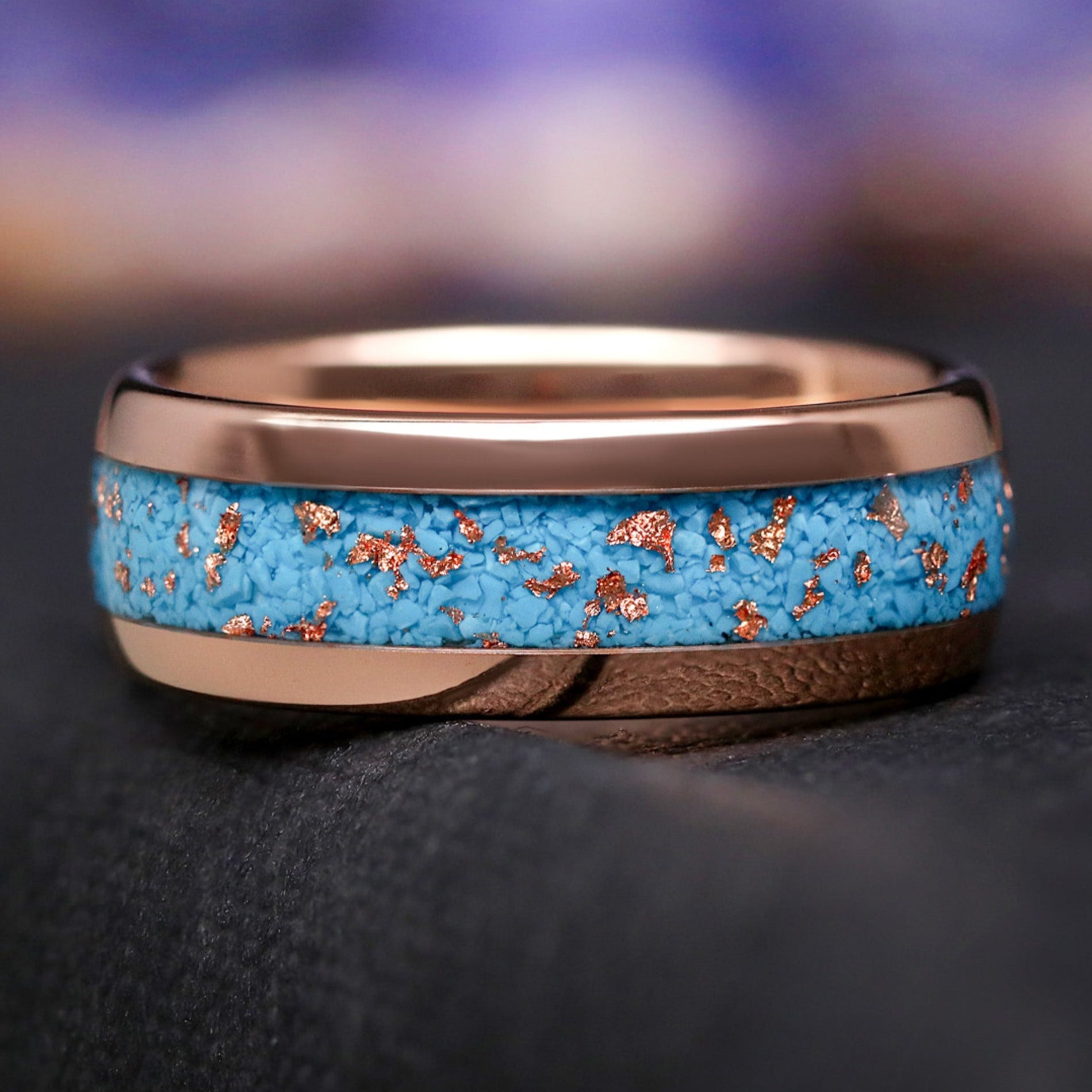 Western Mens Rose Gold Wedding Band, Turquoise & Rose Gold Foil Inlay, 8mm Tungsten Ring, Dome Polished, Durable Promise or Anniversary Ring