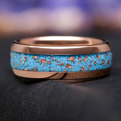 Western men’s rose gold wedding band turquoise and foil tungsten ring 8mm