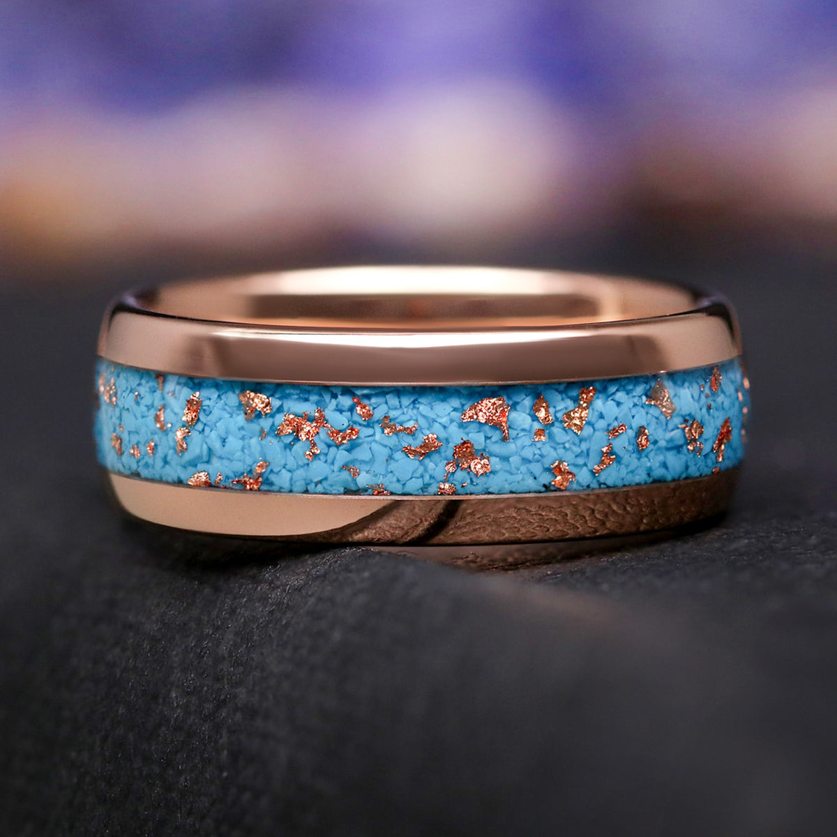 Rose gold tungsten wedding rings with turquoise and foil inlay