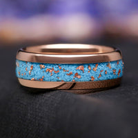 Rose gold tungsten wedding rings with turquoise and foil inlay