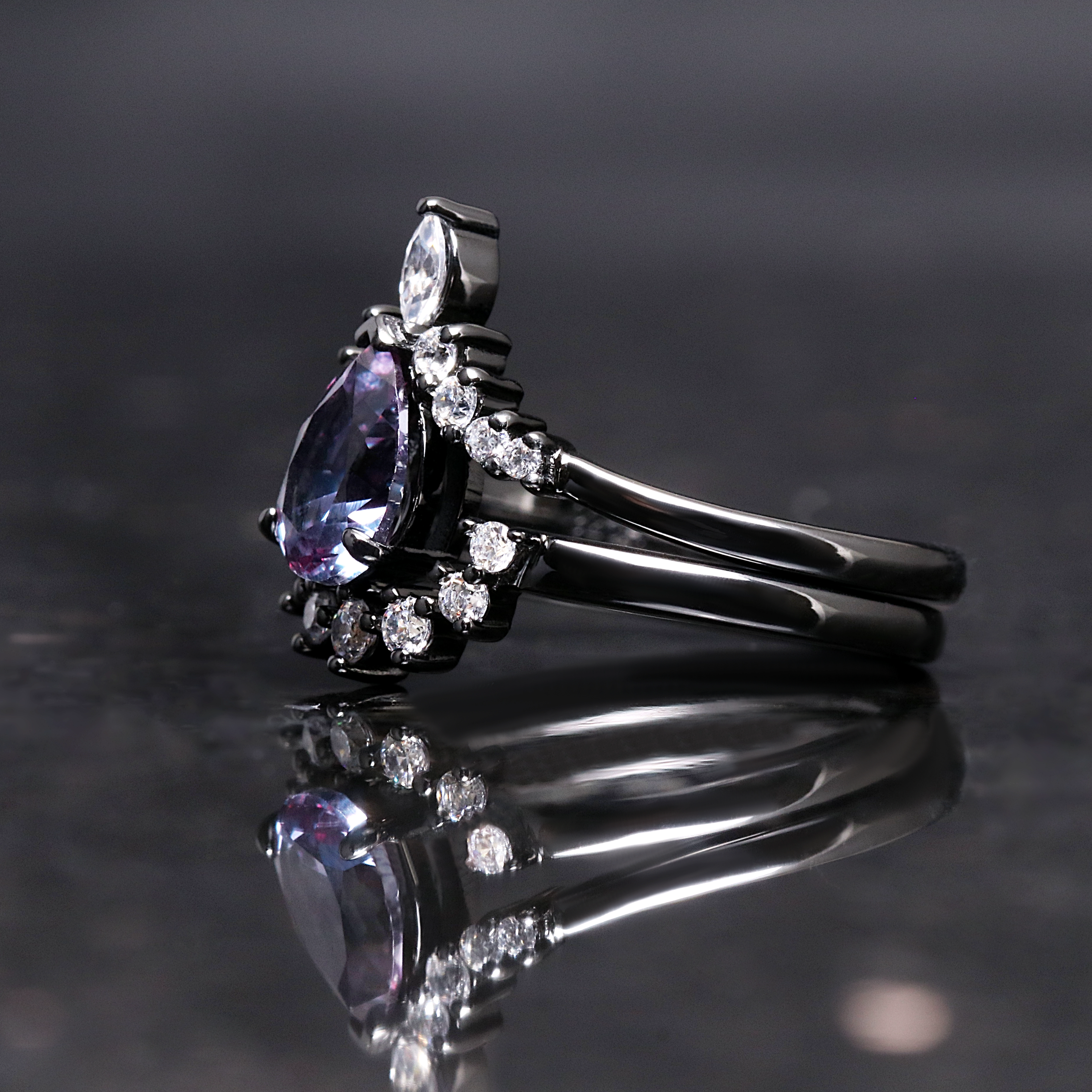 Alexandrite Couples Wedding Ring Set, His and Her Crab Nebula Bands, Matching Purple Rings, Black Ring Set, 925 Sterling Silver and Tungsten