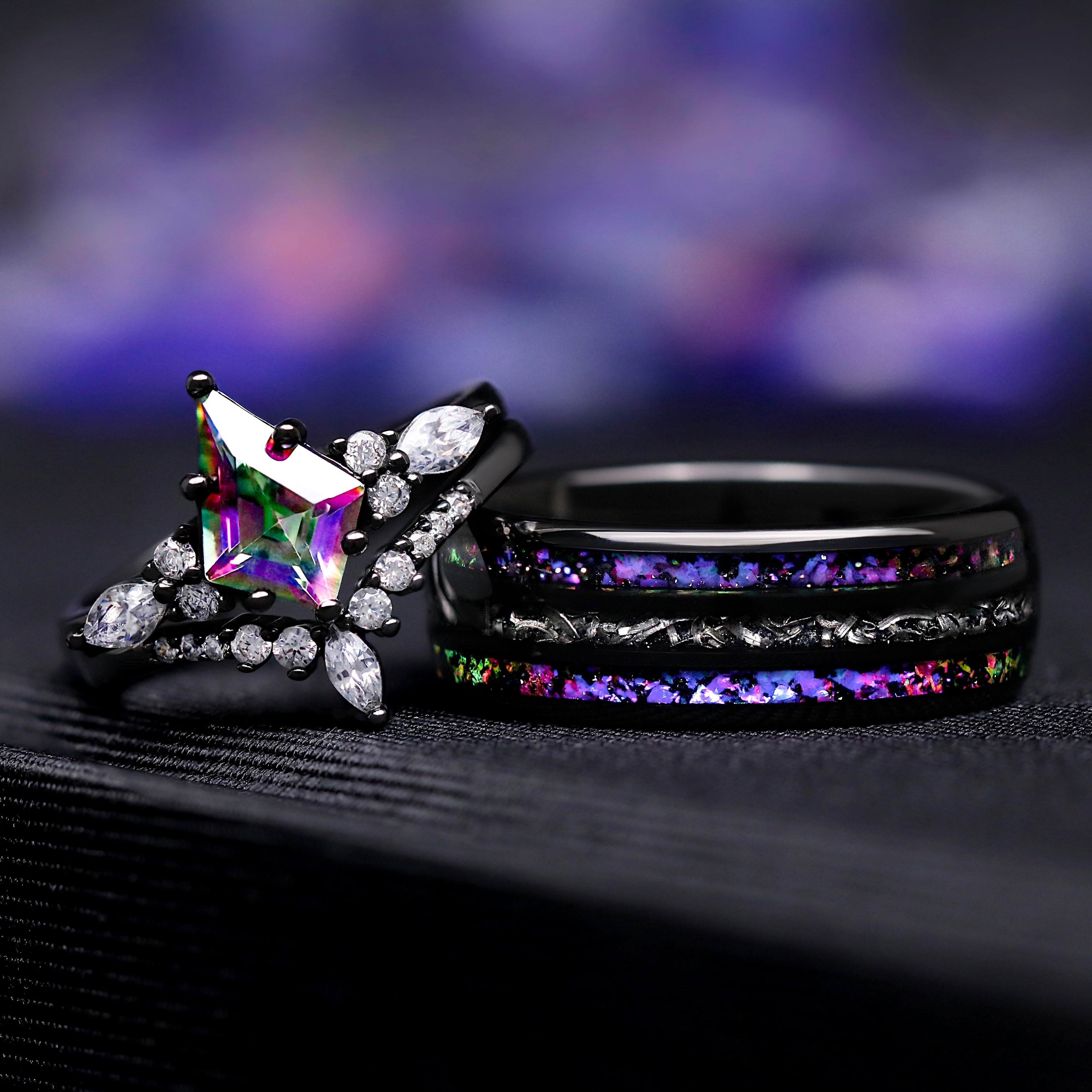 Black Mystic Topaz Galaxy Ring Set, Kite Cut Engagement Ring, Meteorite Couples Bands, His and Hers Space Wedding Set, Unique Promise Rings