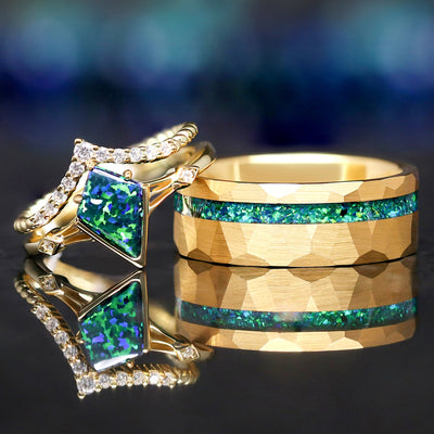 Gold Couples Ring Set, His Hammered Tungsten Emerald Opal Ring, Her Kite Cut Opal Engagement Ring, Unique Matching Celtic Wedding Bands