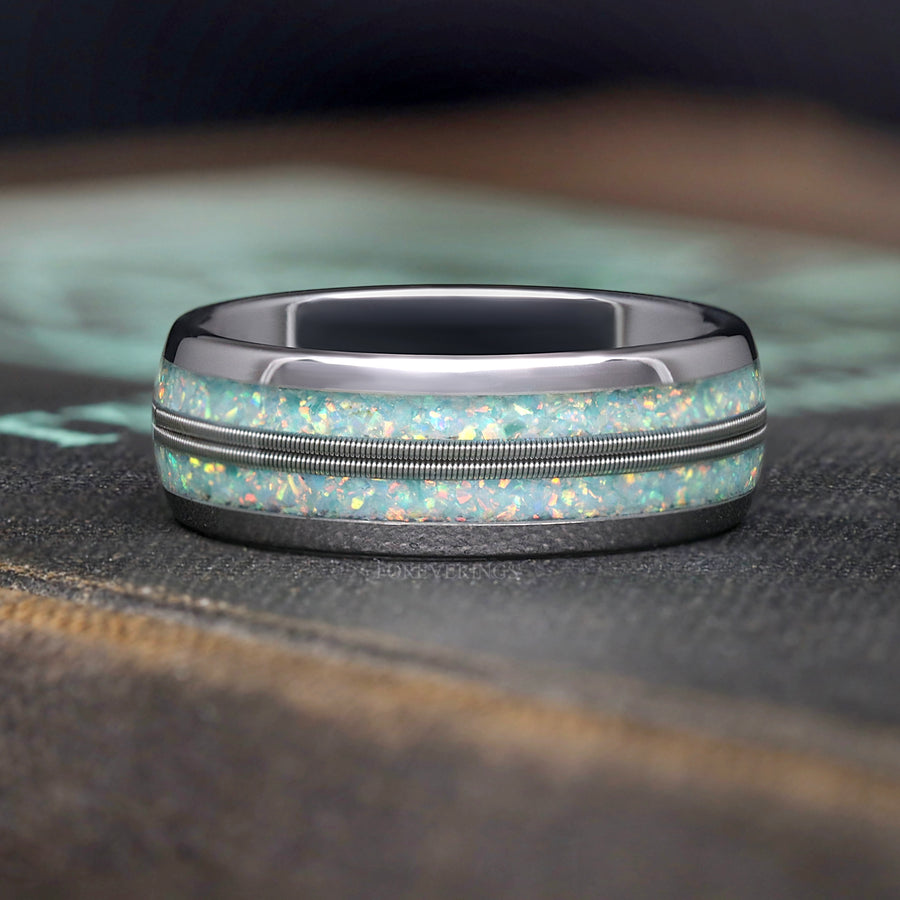 Blue Yellow Opal Guitar String Inlay Ring | Silver Tungsten Mens Band 8mm