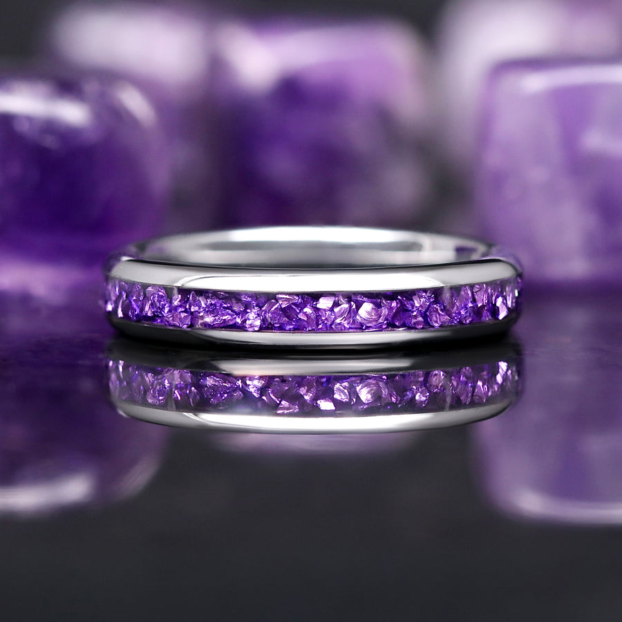 Amethyst Wedding Band, Purple Ring, Silver Tungsten Ring, Women Men Ring, Dome, Polish, Comfort Fit, Simple and Unique Promise Ring