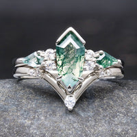 Green Moss Agate Ring Set, Alternative Engagement Ring, Kite Coffin, 925 Sterling Silver, Nature Ring, Promise Ring, Unique Woman Ring