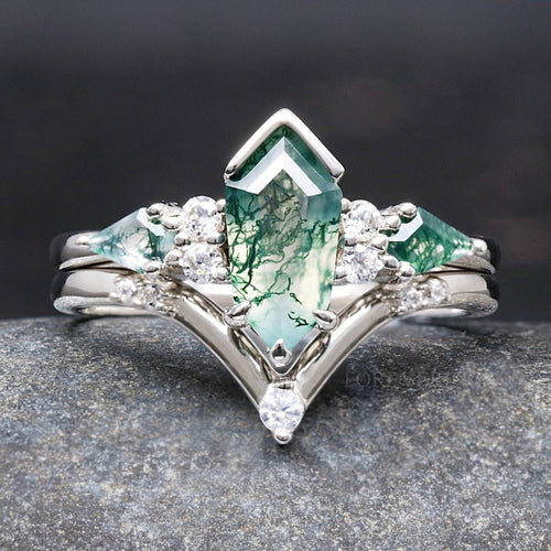 Green Moss Agate Ring Set, Alternative Engagement Ring, Kite Coffin, 925 Sterling Silver, Nature Ring, Promise Ring, Unique Woman Ring