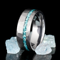 Hammered aquamarine tungsten ring for men