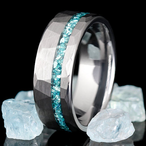 Aquamarine hammered tungsten ring men’s wedding band