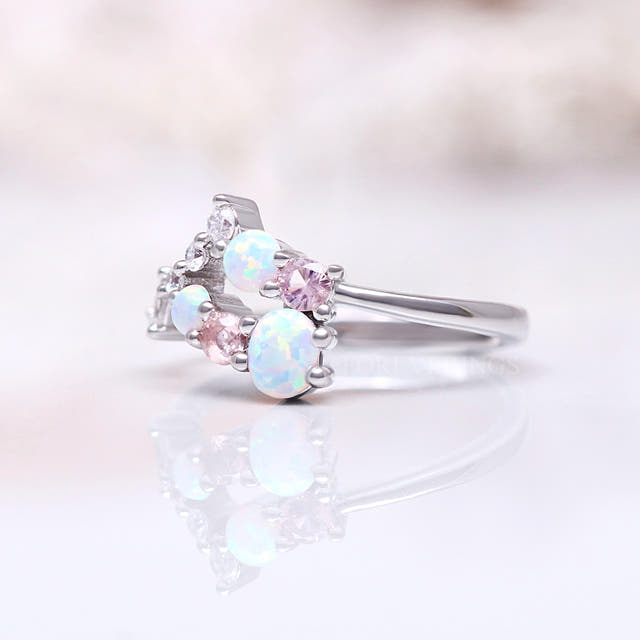 White opal and morganite cluster ring in sterling silver, side view