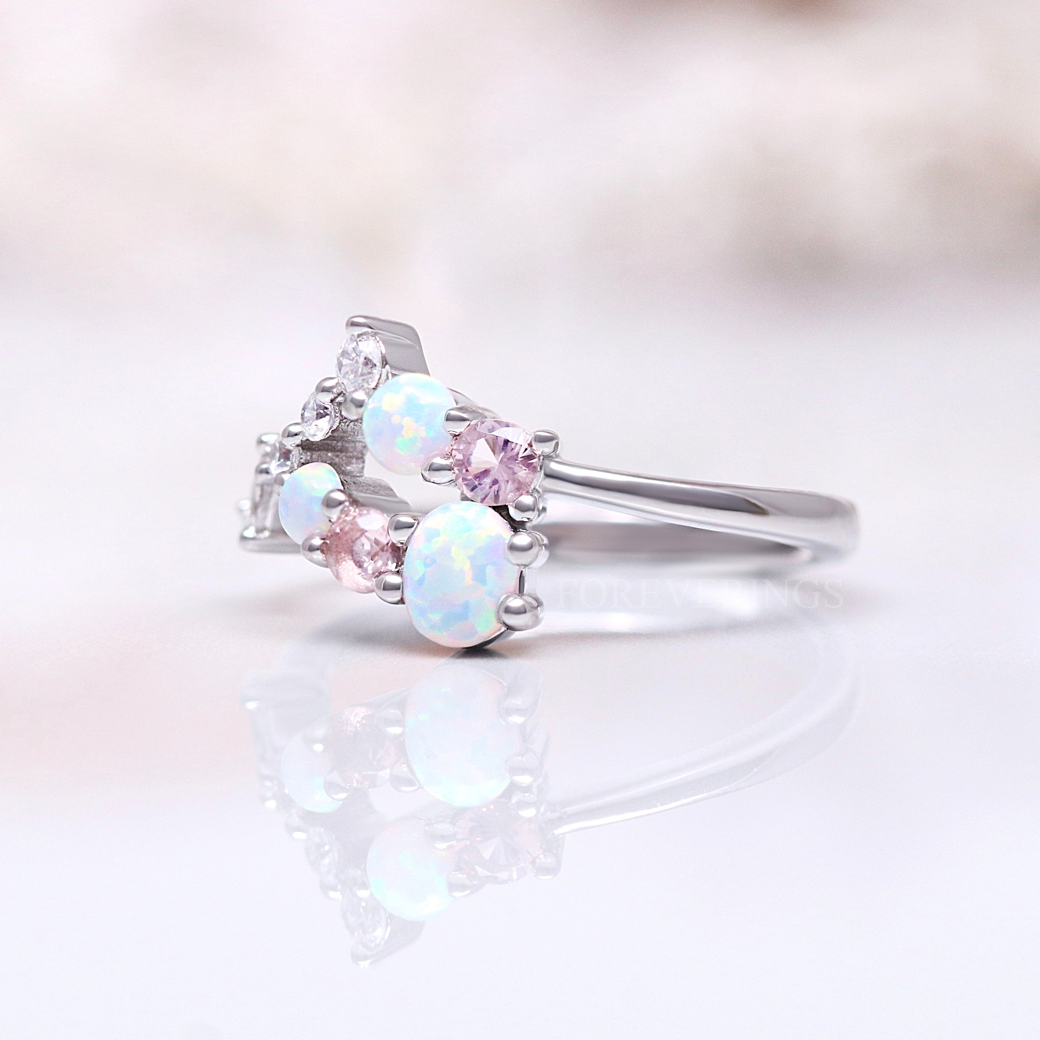 Cluster Constellation Ring, Women Wedding Ring, White Opal and Morganite, Nontraditional Alternative Ring, Fire Opal Promise Ring