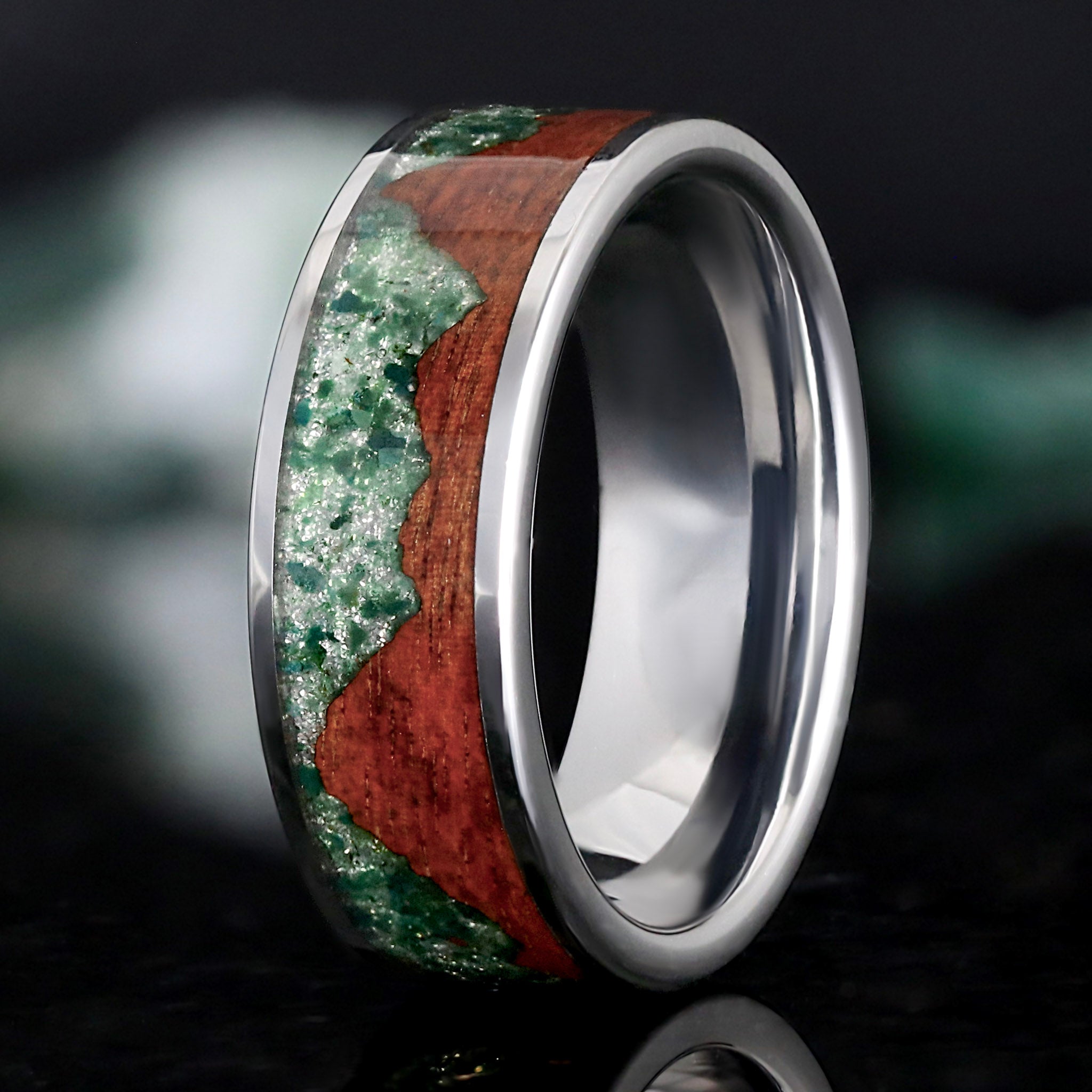Moss Agate Mens Wedding Band | Koa Wood Silver Tungsten
