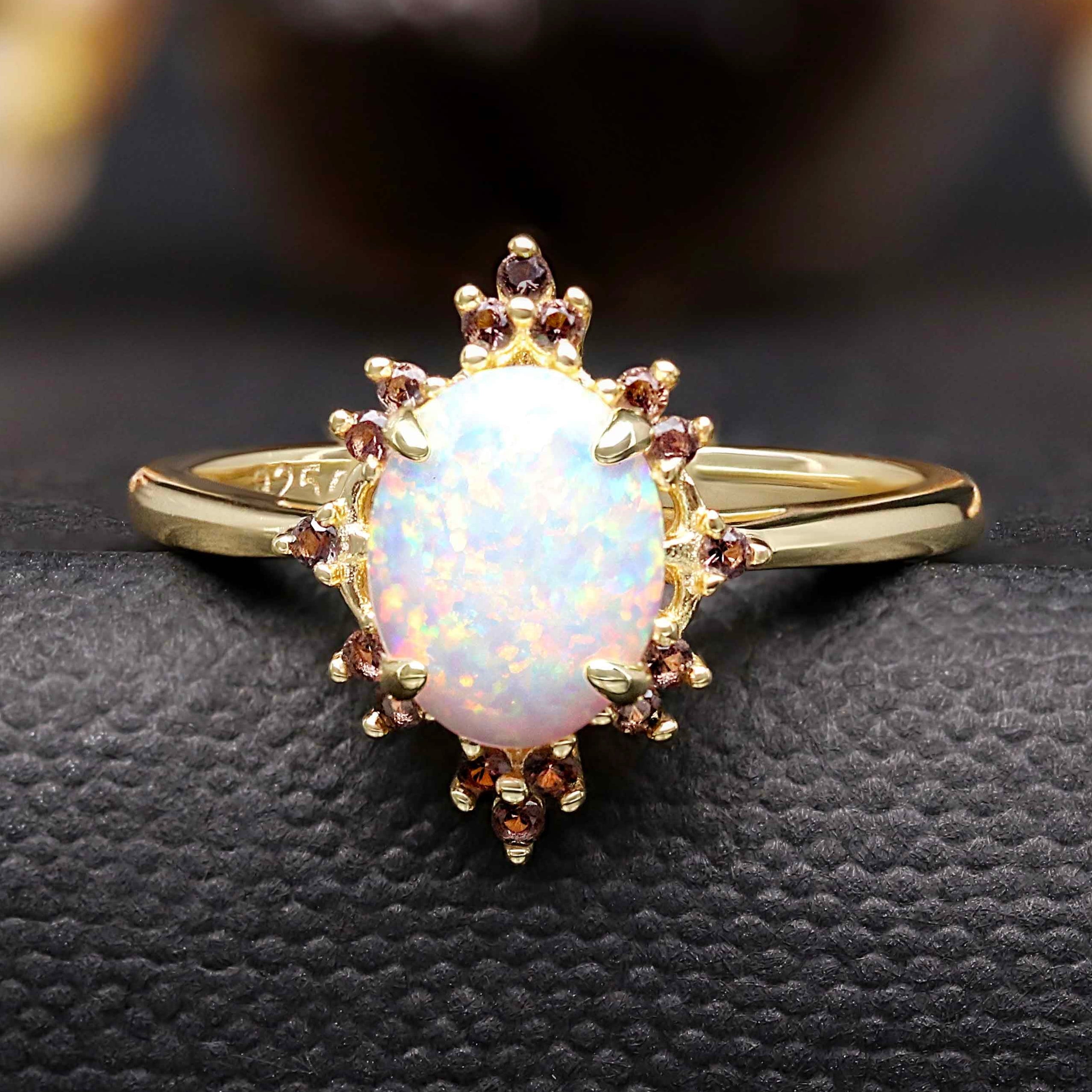 Ophelia Vintage Opal Engagement Ring, Gold Sterling Silver, Smoky Quartz