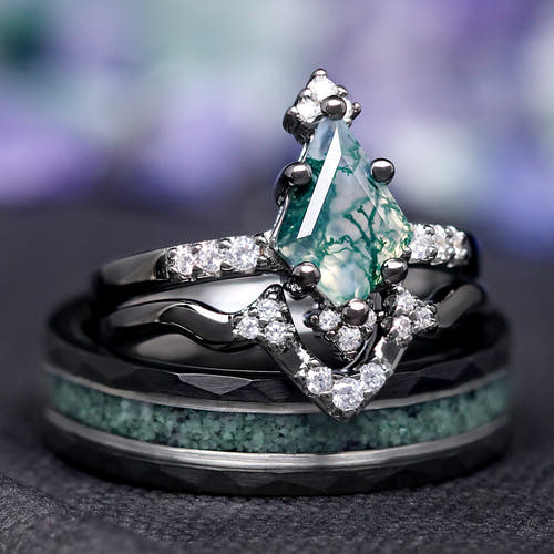 Matching black couples ring set: moss agate engagement ring and curved band on a 6mm tungsten band