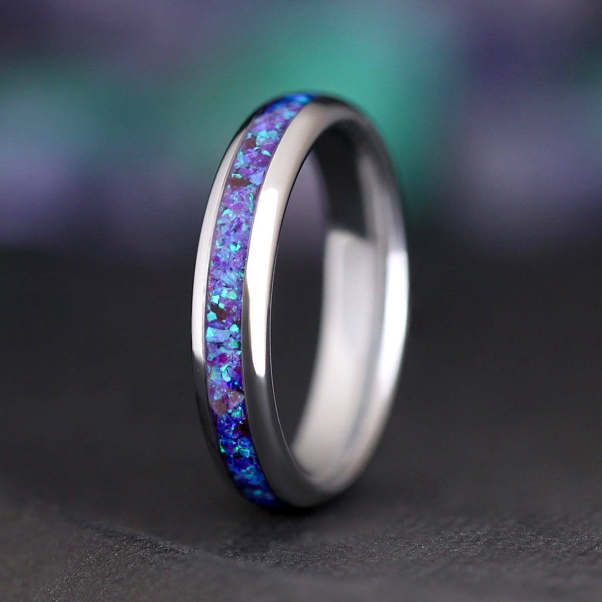 Borealis Opal Wedding Band Set, His and Hers Fire Opal Ring Set, Silver Tungsten Ring, Crushed Opal, 6mm & 4mm Matching Promise Ring, Offset
