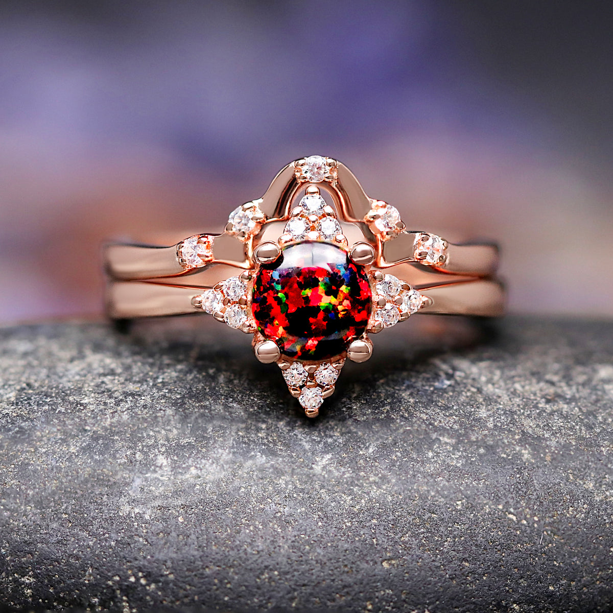 Veloura Black Opal Couples Ring in Rose Gold, His and Hers Wedding Ring Set, Black Fire Opal, Matching Bands, Nontraditional Engagement Ring Set
