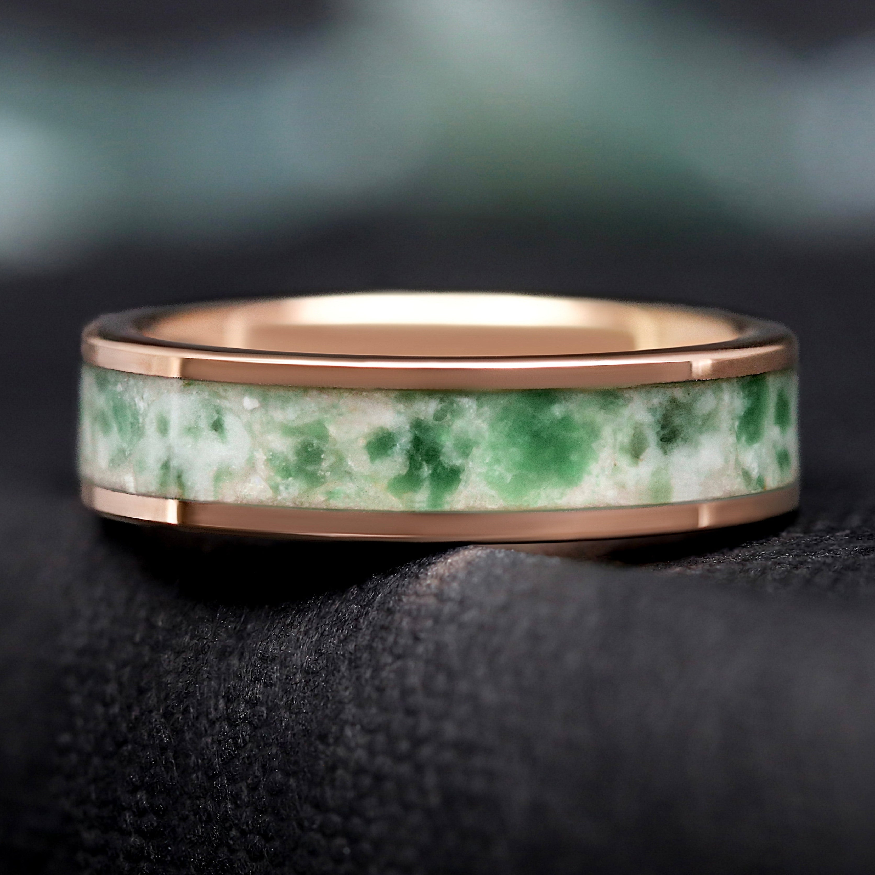 Rose Gold Moss Agate Ring, Mens Wedding Band, 6mm Tungsten, Flat Polished Comfort Fit, Nature-Inspired Promise Ring, Unique Anniversary Gift