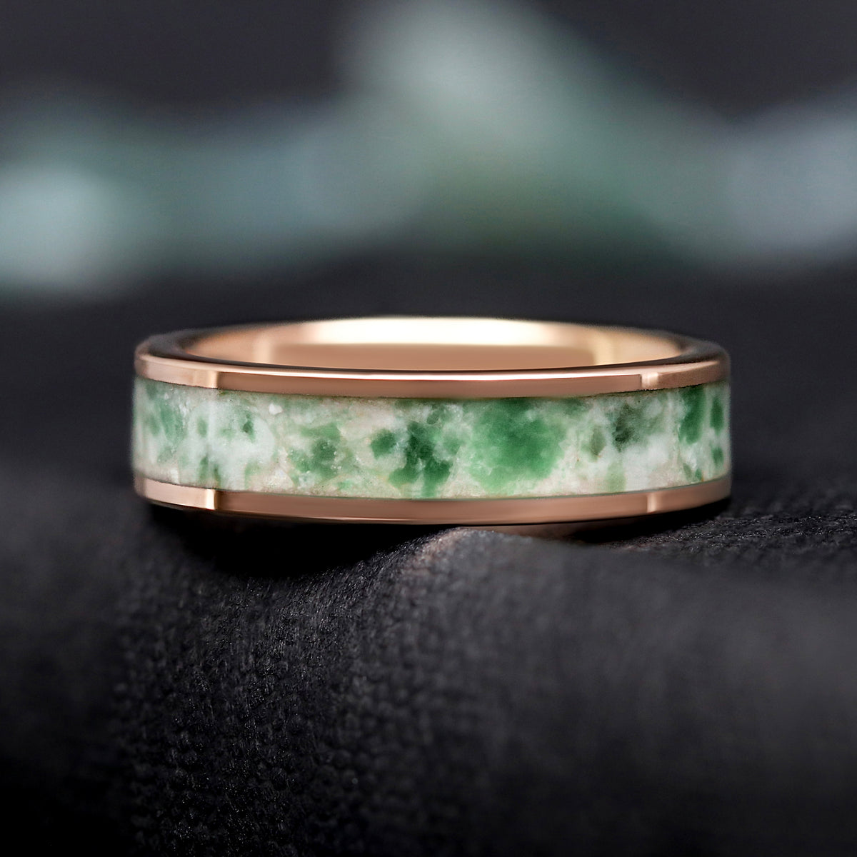 Nature-inspired rose gold tungsten moss agate promise ring