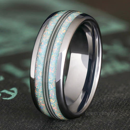 Men's 8mm silver tungsten band with blue-moon opal and silver guitar string inlay