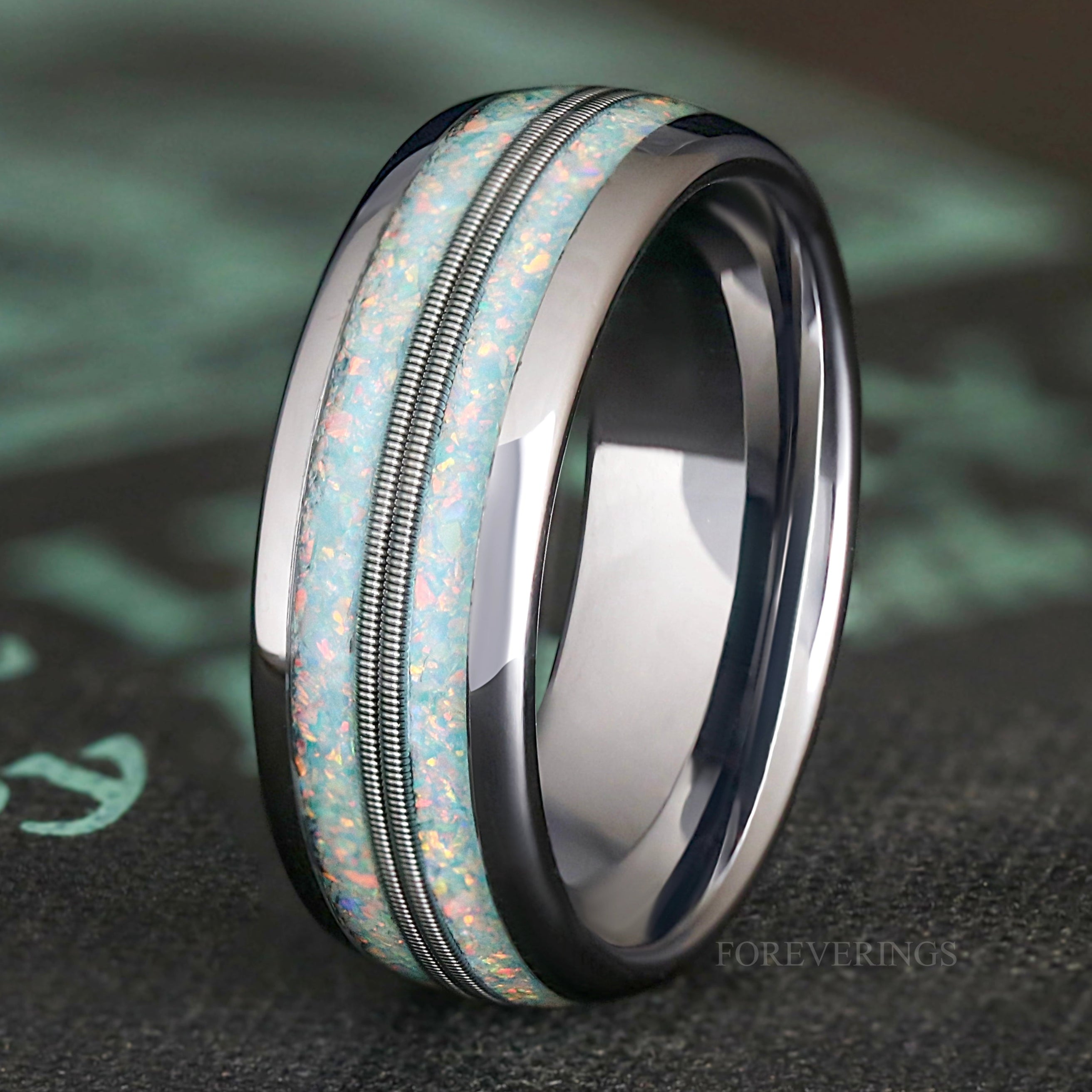 Silver Fire Opal Tungsten Ring - Mens Wedding Band with Guitar String Inlay, Blue and Yellow Opal Engagement Ring for Him, 8mm Dome Polished