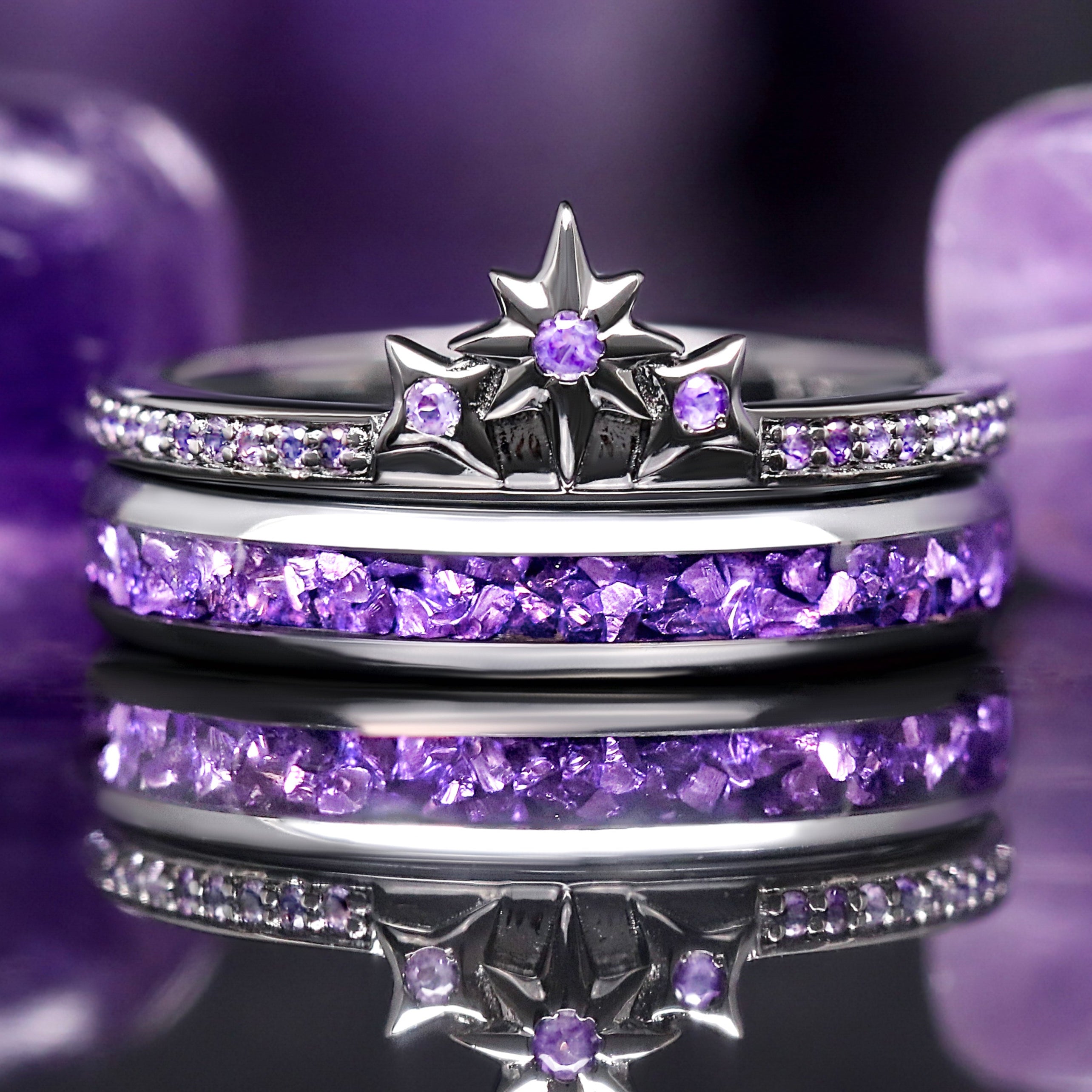 Amethyst Star Engagement Ring Set - Womens Stacking Wedding & Promise Rings, Unique Fantasy Wedding Bands, Tungsten and Sterling Silver
