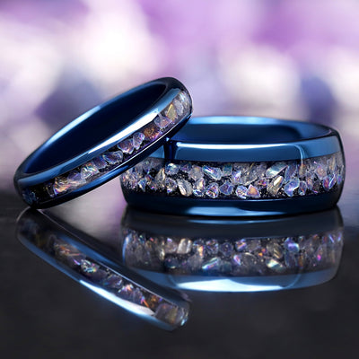 Veil Nebula | Crushed Moonstone Tungsten Wedding Band Set | Couples Ring Set