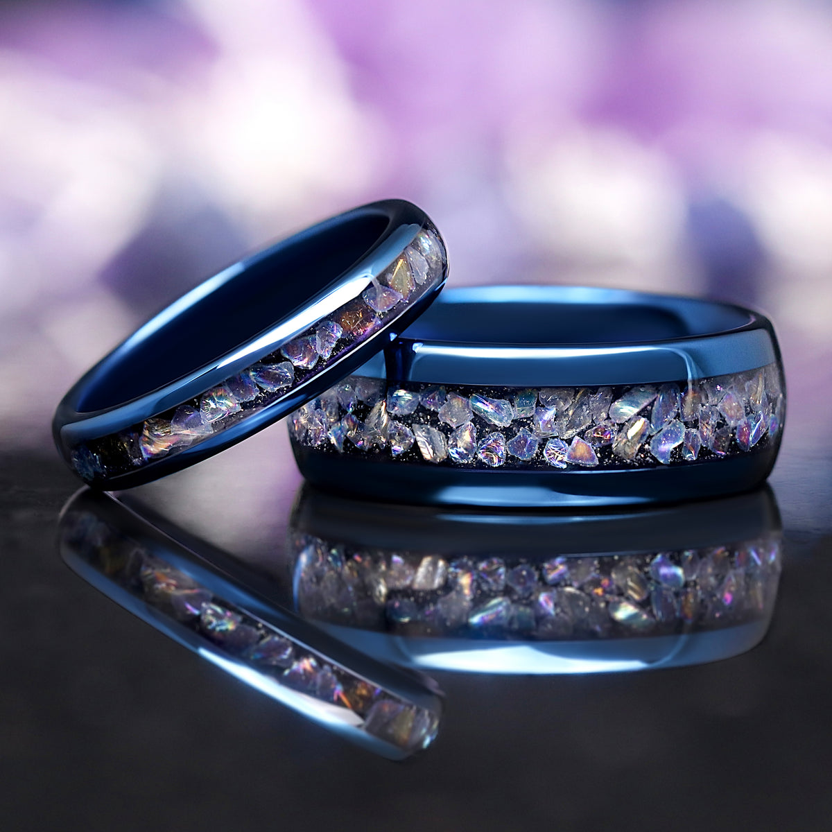Matching tungsten wedding rings with celestial blue moonstone