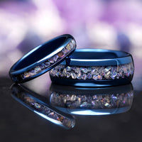 Matching tungsten wedding rings with celestial blue moonstone