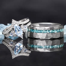 Lumiere Aquamarine Couples Engagement and Wedding Ring Set