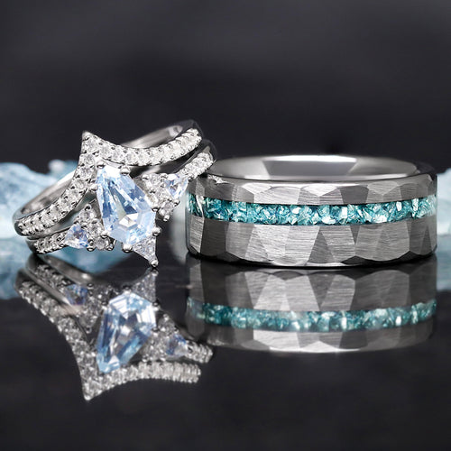 Lumiere aquamarine couples engagement and wedding ring set