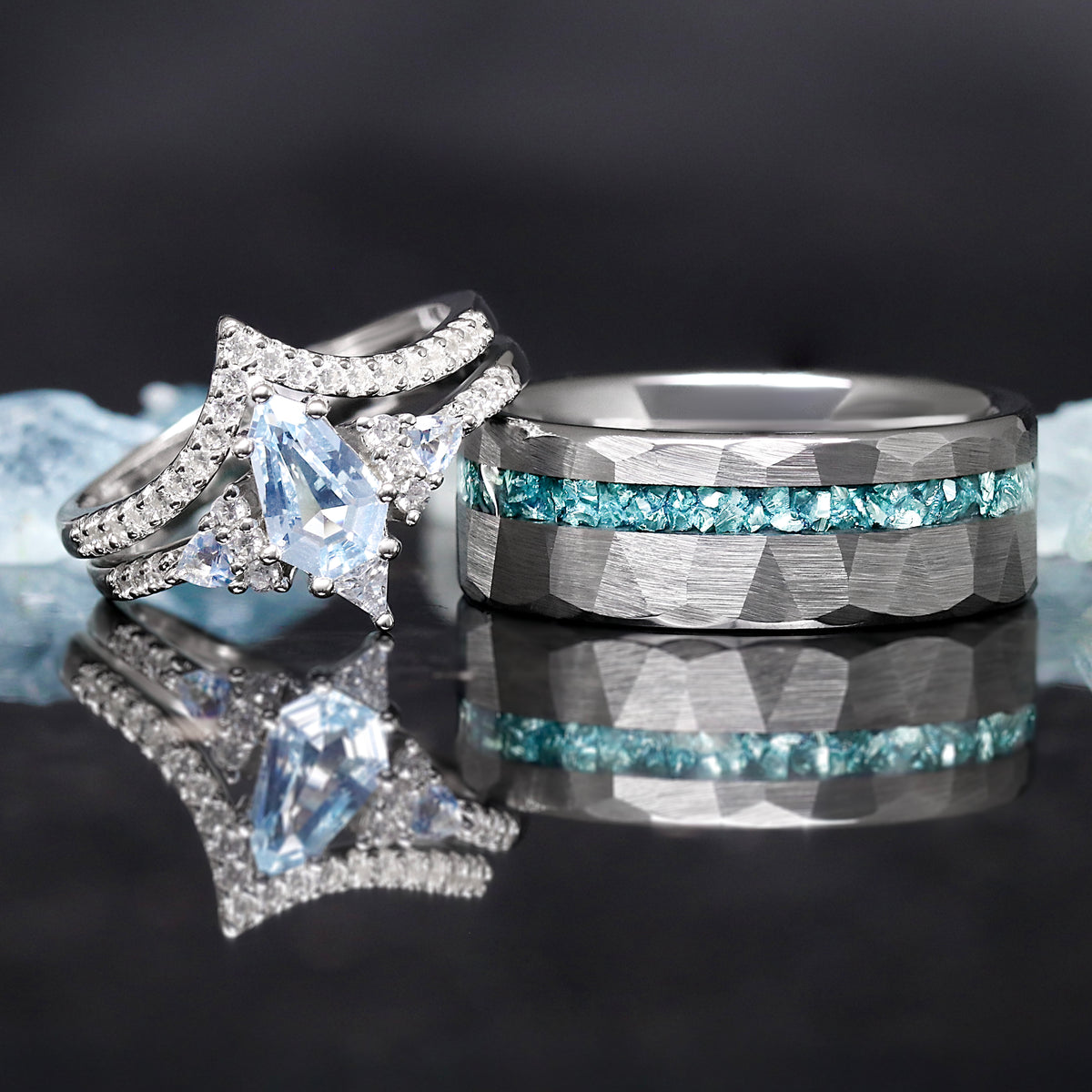 Elegant Lumiere aquamarine rings for him and her